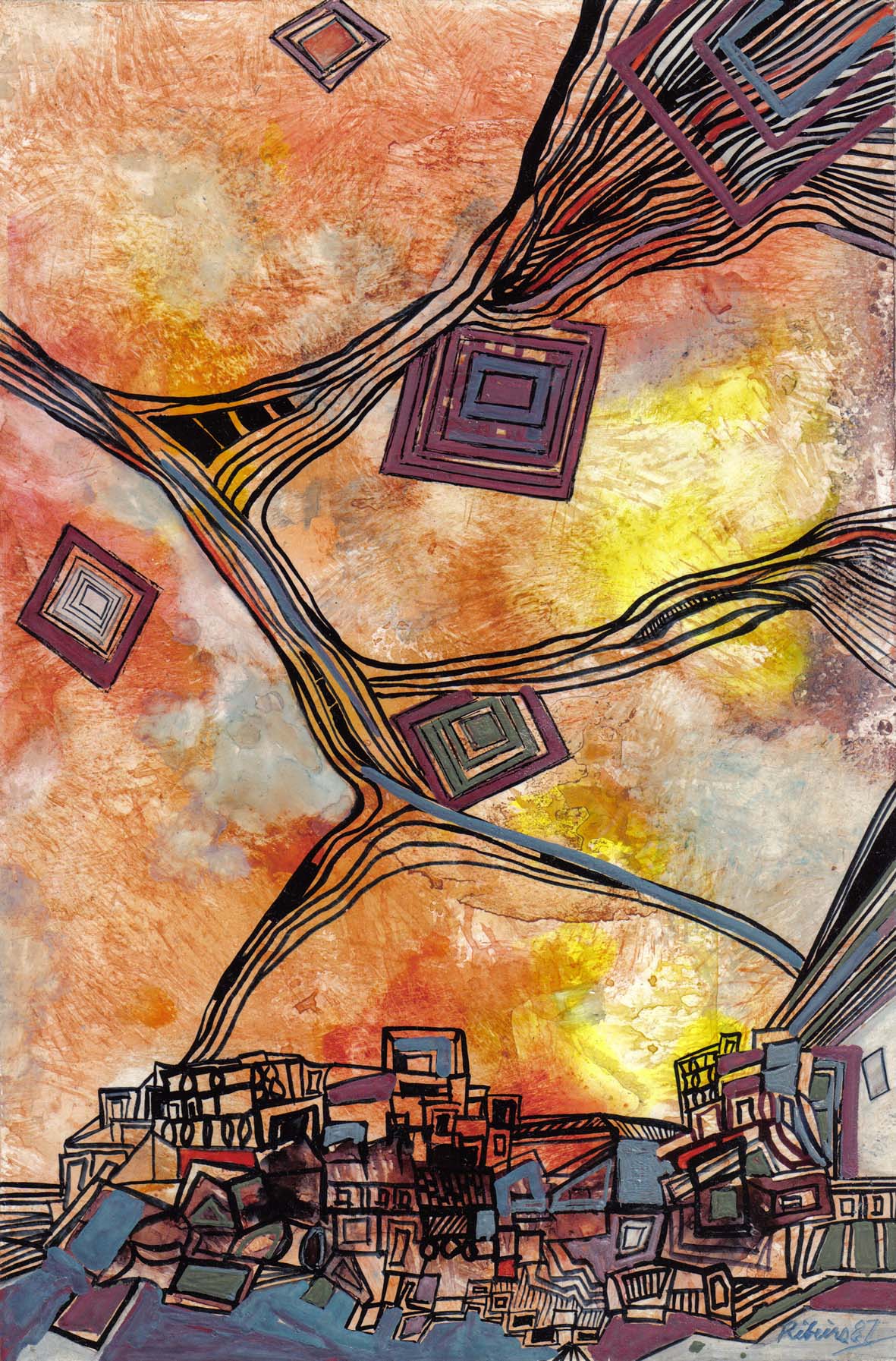 Image of Ribeiro's Landscape with a Red Sky, a watercolour on card, c1985.