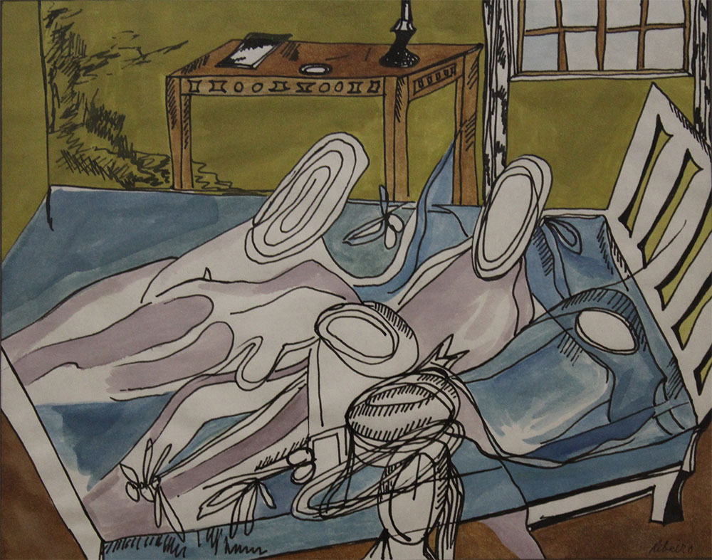 Image of Ribeiro's Landscape with a Red Sky, a watercolour on card, c1985.